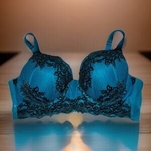 Cacique Boost Balconette Teal Black Lace Padded Underwired Bra 42 D